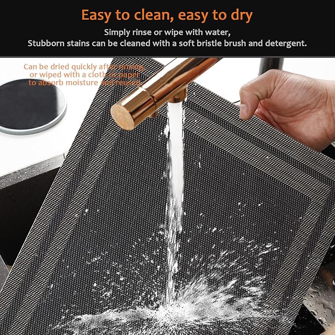 Placemats Set of 6 Washable&Wipeable Place mats for Dining Table Kitchen Indoor Outdoor Table Mats Heat Resistant Non Slip Woven Vinyl Table Placemats (Black，6PCS)