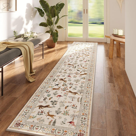 Rugcomf Runners for Kitchen Runner Rug Non Slip 2'x10' Long Washable Rugs with Rubber Backing Soft Floral Animal Carpet Runner for Kitchen, Laundry, Bedroom, Bathroom (Beige)