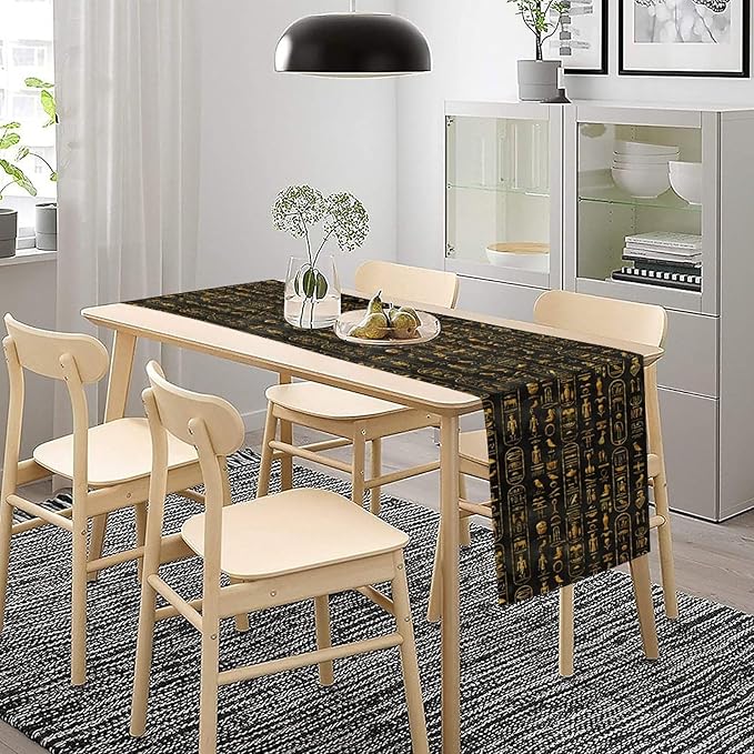 Egyptian Table Runner, Retro Egypt Mythology African Hieroglyphics Alphabet Murals Black Pattern Table Runner for Family Kitchen Coffee Dining Farmhouse Party 13x36in
