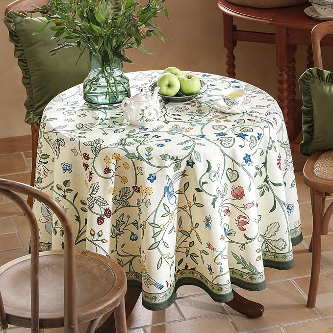 Linen 55 Inch Round Tablecloth,Wrinkle Resistant French White and Green Tablecloth Print with Froal,Decor Stitch Table Cloth for Thanksgiving,Dining Room,Home Diameter 55"-Idaho A