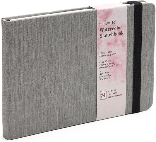 Watercolor Sketchbook, 5x7.5, 140 LB, 300 GSM, 100% Cotton Paper, Cold Press, 24 Sheets,48 Pages, Watercolor Journal for Use As Travel Sketch Book and Mixed Media Pad On The Go. (5"x7.5", Gray)