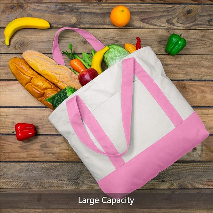 TOPDesign 3-Pack Canvas Tote Bags with an External Pocket, Reusable Grocery Shopping Bags, Top Zipper Closure, Daily Essentials (Pink/Natural)