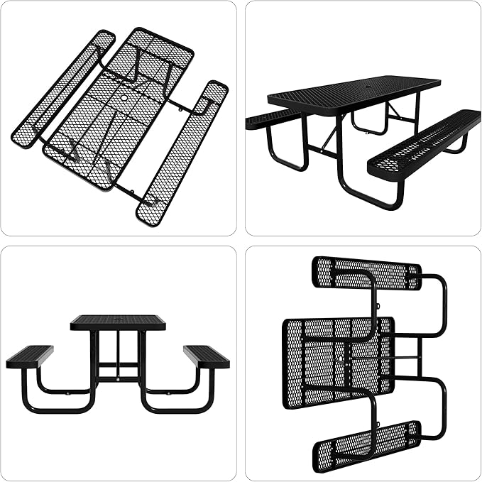 6 FT Metal Picnic Tables for Outside, Outdoor Coated Steel Heavy Duty Commercial Picnic Table with Benches, Patio Table Rectangular Furniture Set for Garden, Lawn, Shops, Parks