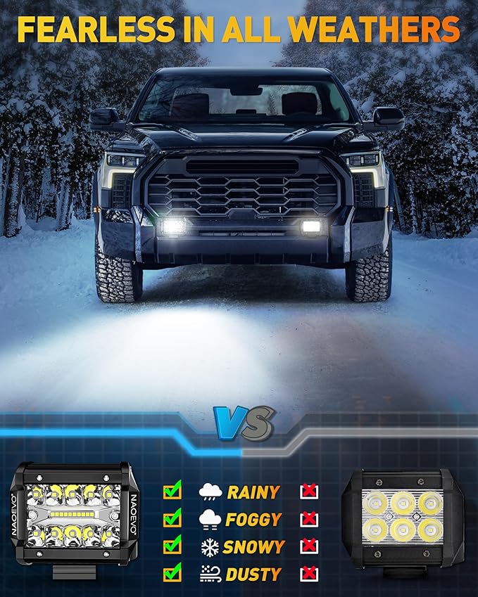 NAOEVO 4 Inch LED Pod Lights, LED Off Road/Driving/Fog Lights with Spot&Flood Combo, Cube Pods for Truck Tractor Boat ATV UTV, 4 Pcs with 4 Leads Wiring Harness (White)