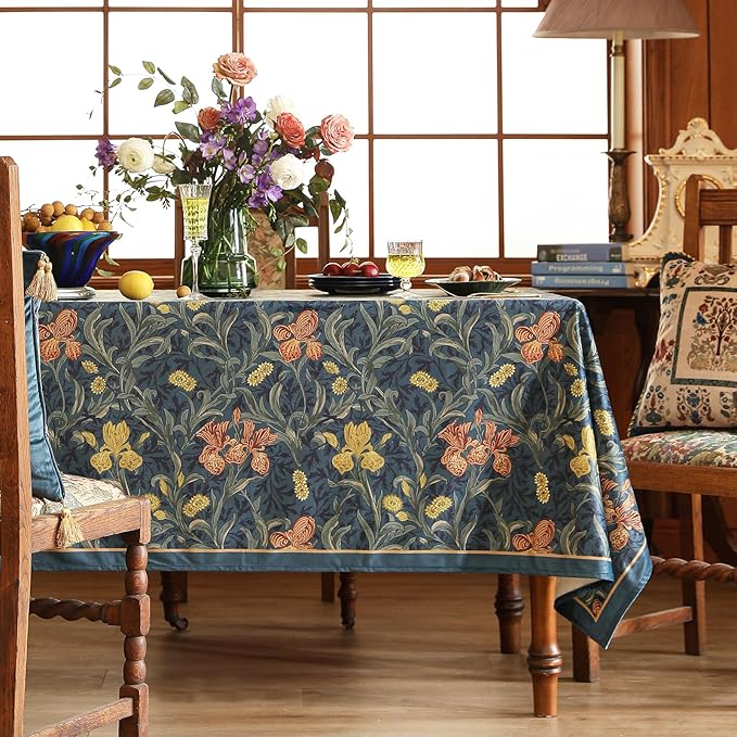 patdrea Designer Vintage Dark Blue Linen Rectangle Tablecloth,French Rustic Floral Pattern Tablecloths,Decorative Table Cover Cloth for Kitchen,Dining,Tea Party,Home,Christmas,63"*87"