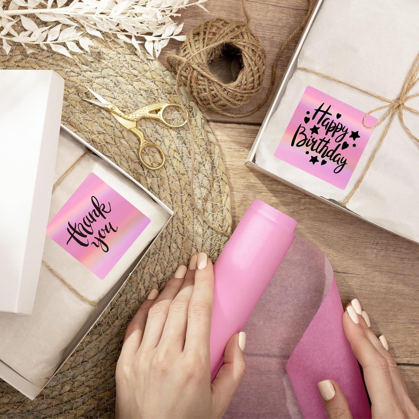 Square Thermal Labels Stickers 2" x 2", Holographic Pink Thermal Stickers Labels, Glitter Self-Adhesive Direct Thermal Label for Small Business- Perforation Line Design