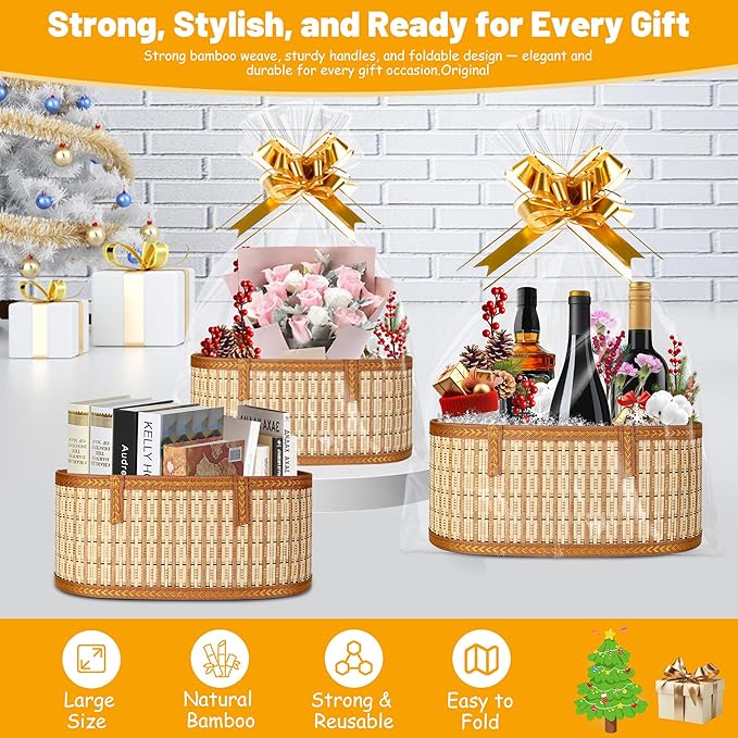 1 Set Baskets for Gifts Empty, Large Bamboo Gift Basket with Handle, Foldable Reusable Decorative Woven Basket for Christmas, Baby Shower, Mother's Day, Housewarming, Wedding