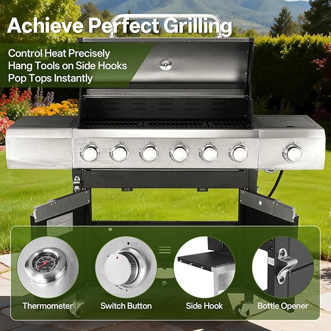 Endark Upgraded 68,500 BTU 6-Burner Stainless Steel Propane Gas Grill – Outdoor BBQ Grill with Side Burner & Porcelain Grates, Barbecue Grill Wheeled for Patio, Garden, Backyard