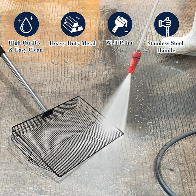 15-inch Large Chicken Poop Scooper with Adjustable Ergonomic Labor-Saving Handle(24in to 57in), Multifunctional Metal Litter Sifting Scoop Shovel for Cleaning Chicken Coop, Goat Stall, Stable