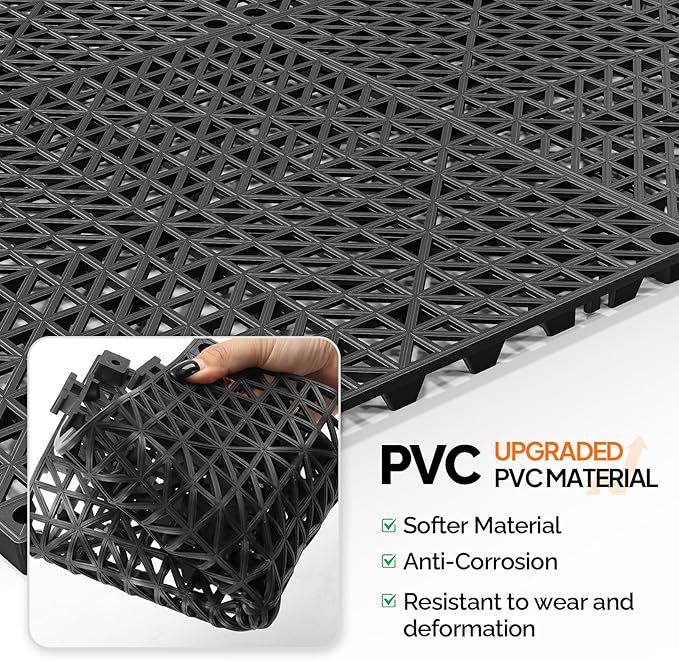 Bonnlo Black Interlocking Floor Tile, 12''*12'' Anti-Fatigue Floor Mat, Restaurant Drainage Kitchen Mat, Cushioned Flooring Mat, Non-Slip Garden Tile for Poolside, Wet Area, Deck and Bathroom Use