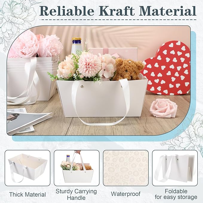 Glenmal 72 Pcs Baskets for Gifts Waterproof Empty Kraft Basket Bulk with Handles 9.8 x 6.5 x 4.3'' Gift Basket Empty to Fill for Wedding Party Christmas Valentines(White)