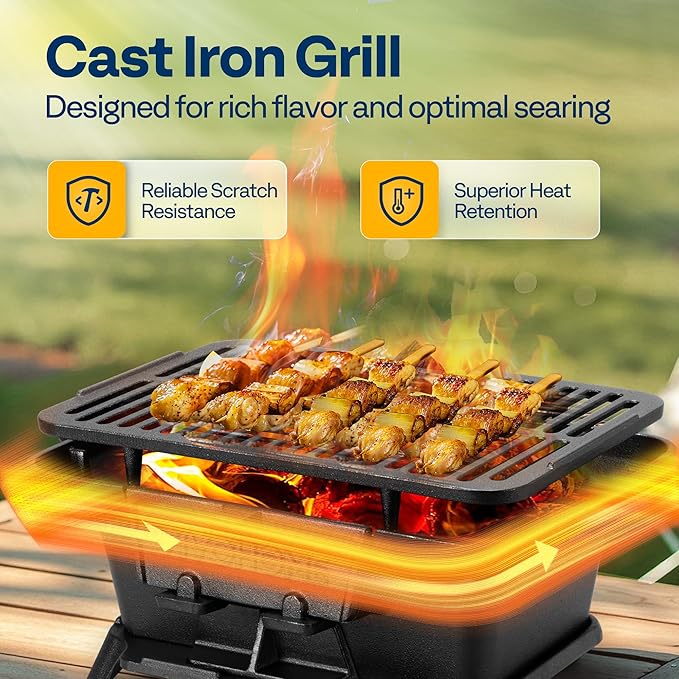 VIVOHOME Rectangle Cast Iron Charcoal Grill with Double-Sided Grate, Portable Outdoor BBQ Grill, Compact Tabletop Grill Stove (Note: The charcoal grid is made of stainless steel, not cast iron)