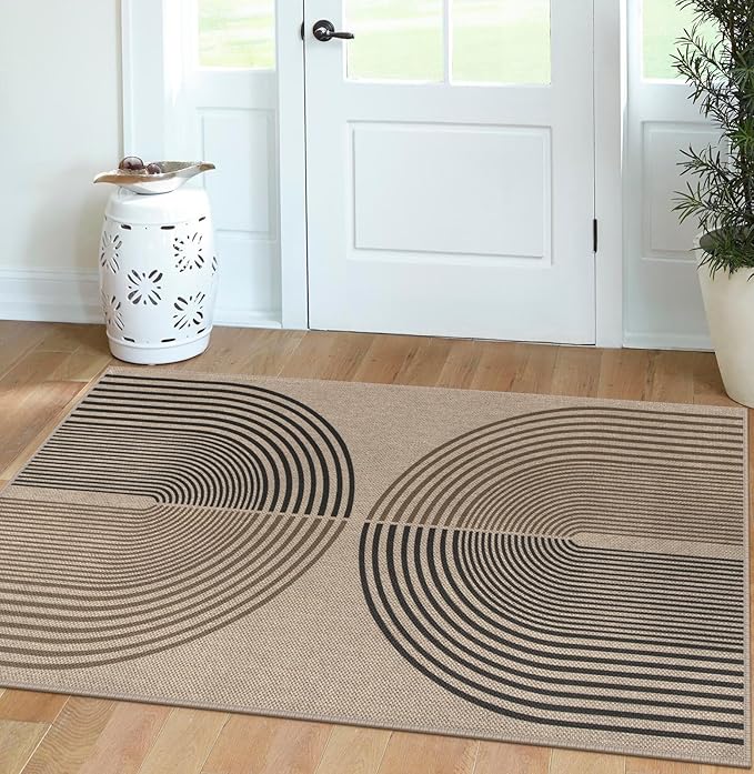 Easy Jute Rainbow Area Rug, 3x5 Indoor Outdoor Entryway Rug Washable Non-Slip Modern Boho Kitchen Rugs, Neutral Farmhouse Abstract Throw Carpet for Living Room Patio Kids Room