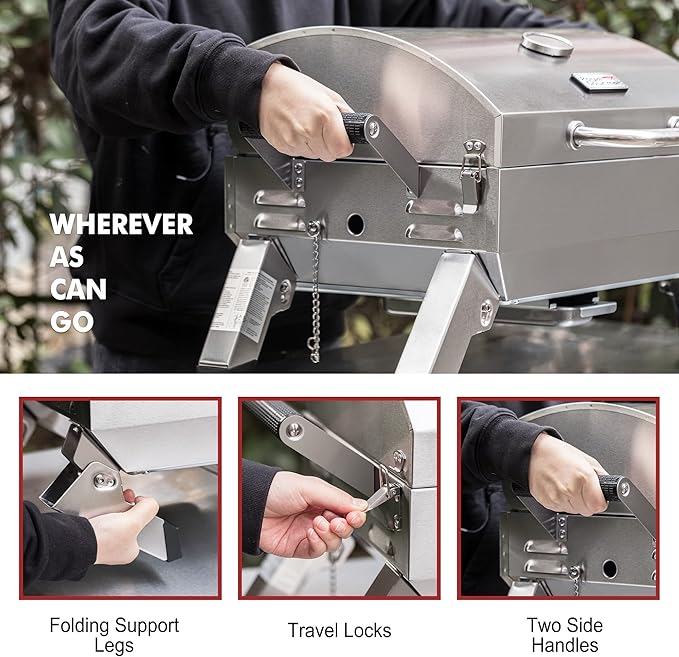 Stainless Steel Portable Grill with Two Handles and Travel Locks, Tabletop Propane Gas Grill with Folding Legs, 10000 BTU, for Picnic Cookout, GT2001, Silver