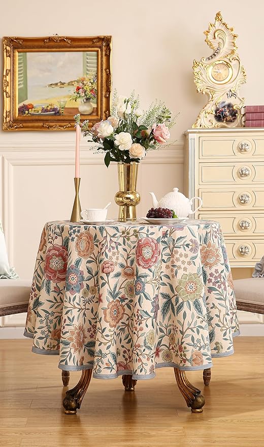 Designer Linen Small Round Tablecloth,Vintage William Morris Floral Table Cloth with Colorful Pattern,Decor Table Cover for Kitchen,Dining,Thanksgiving,Diameter 55"-Flowershadow a