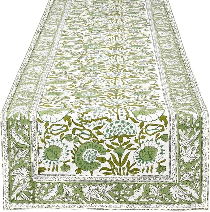 CPC Cotton Table Runner 16x72 Inch Block Printed Long Fall Table Runner for Dining Table, Card Table, Coffee Table, Wedding, Farmhouse & Outdoor Barbeque-Agate Green