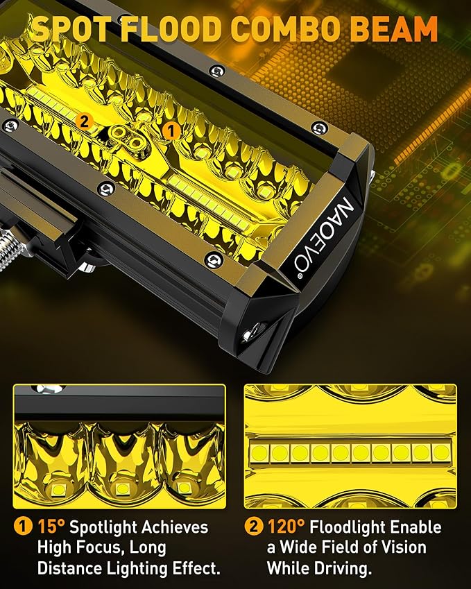 NAOEVO 7 Inch Yellow LED Light Bar, 240W 24,000LM Offroad Fog/Driving Lights LED Pods with 2 Leads Wiring Harness Kit, Spot & Flood Work for Truck Boat UTV ATV, 2-Pack (Yellow)