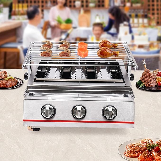 3-Burner Portable Gas Grill, Stainless Steel BBQ Gas Grill with Infrared Ceramic Heating, Portable Outdoor Grill for Camping Backyard, Adjustable Height & Oil Pan