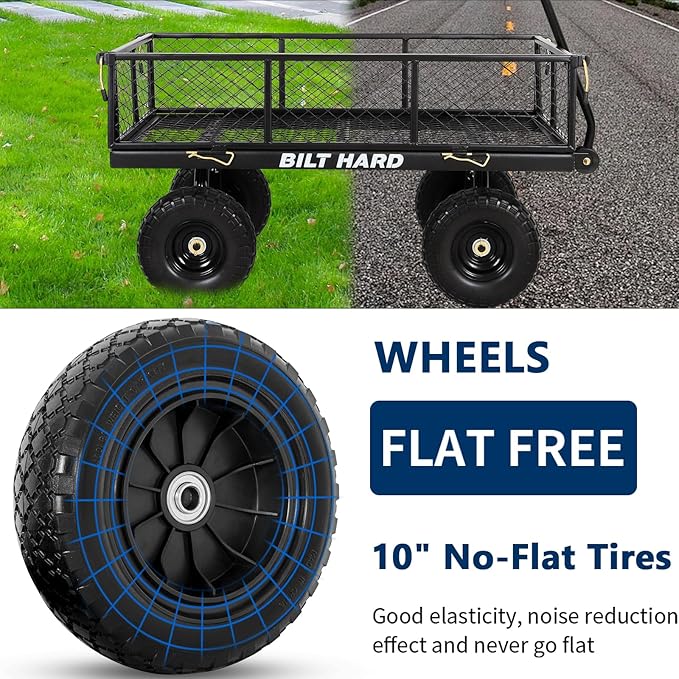 BILT HARD 400 lbs 10" Rubber Tires Steel Garden Cart with 180° Rotating Handle and Removable Sides, 4 Cu.Ft Capacity Utility Heavy Duty Garden Carts and Wagons