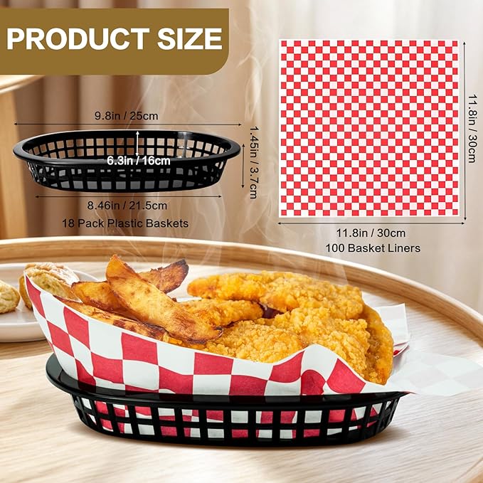18 Pcs Fast Food Baskets, Black Oval Baskets with 100 Pcs Red Retro Style Checkered Deli Liner, Plastic Food Serving Basket for Hot Dogs, Bread, Fruit, Burgers, Home, Picnic, Restaurants