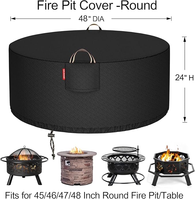 [2025 Upgraded 900D Fabric] Fire Pit Cover Round for 45-48 inch Fire Pit, 900D Heavy Duty Waterproof Fireplace Cover with Air Vent, Handle & Tightening Drawstring, 48"Dia x 24"H -Black