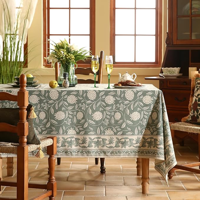ISAENNE Designer Grayish Green Linen Small Round Tablecloth,Floral Stain Resistant Table Cloth,Fall Vintage Decor Tablecloths for Dining Thanksgiving Kitchen Party,Diameter 55"-Andrew A