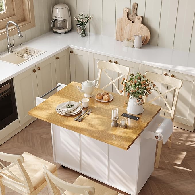 COCO DESIGN Rolling Kitchen Island Cart with Wheels, 54" Portable Trolley Island with Drop Leaf Countertop, Sliding Barn Door, Power Outlet, Spice Rack, Towel Rack and Drawers, Minimalist White