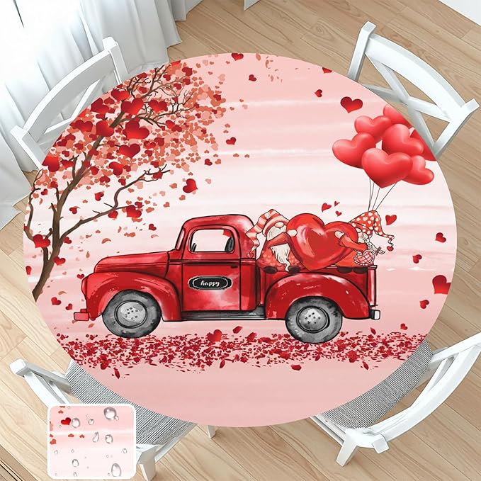 Valentines Day Round Fitted Tablecloth with Elastic Pink Red Heart Circle Table Cloth for 44-48" Round Tables Wipeable Waterproof Washable Gnome Truck Valentine Table Cover for Dining Picnic Party