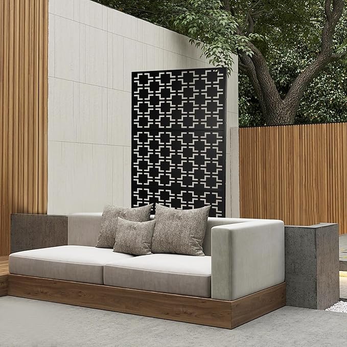 Outdoor Metal Privacy Screen with Stand, 35.4" W x 75" H Freestanding Metal Slatted Decorative Privacy Screen and Panels for Patio Garden Balcony Porch (Black B)