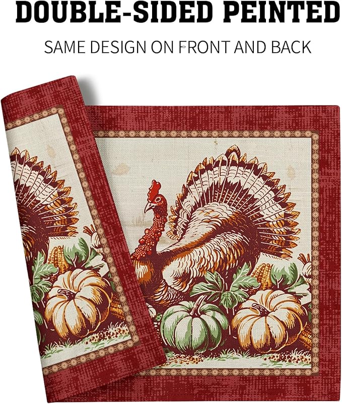 Giwawa 4PCs Thanksgiving Placemats 12x18 Inch Fall Harvest Turkey Autumn Pumpkin Sunflowers Corn Place Mat Non Slip Heat Resistant Table Mats for Kitchen Dining Tabletop Holiday Farmhouse Decor
