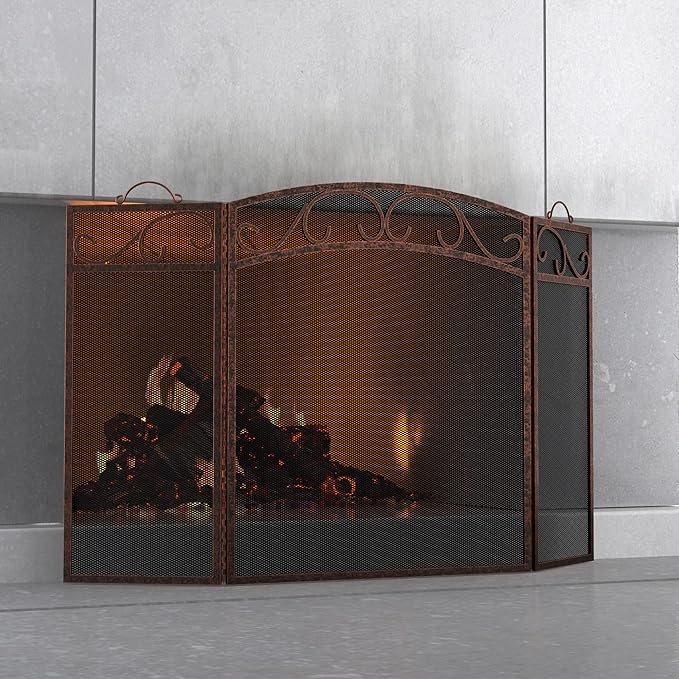 Fire Beauty Fireplace Screen 3 Panel with Handles Wrought Iron 51"(L) x31(H) Spark Guard Cover(Brushed Copper)