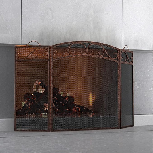 Fire Beauty Fireplace Screen 3 Panel with Handles Wrought Iron 51"(L) x31(H) Spark Guard Cover(Brushed Copper)