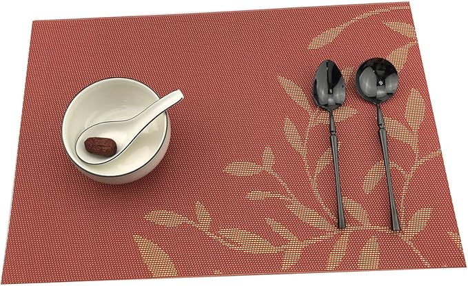 Gugrida Place Mats PVC Set of 6, Table Placemats Set of 6 PVC Woven Vinyl Place Mats Table Mats Natural Color (6 pcs, Oriange Leaves)