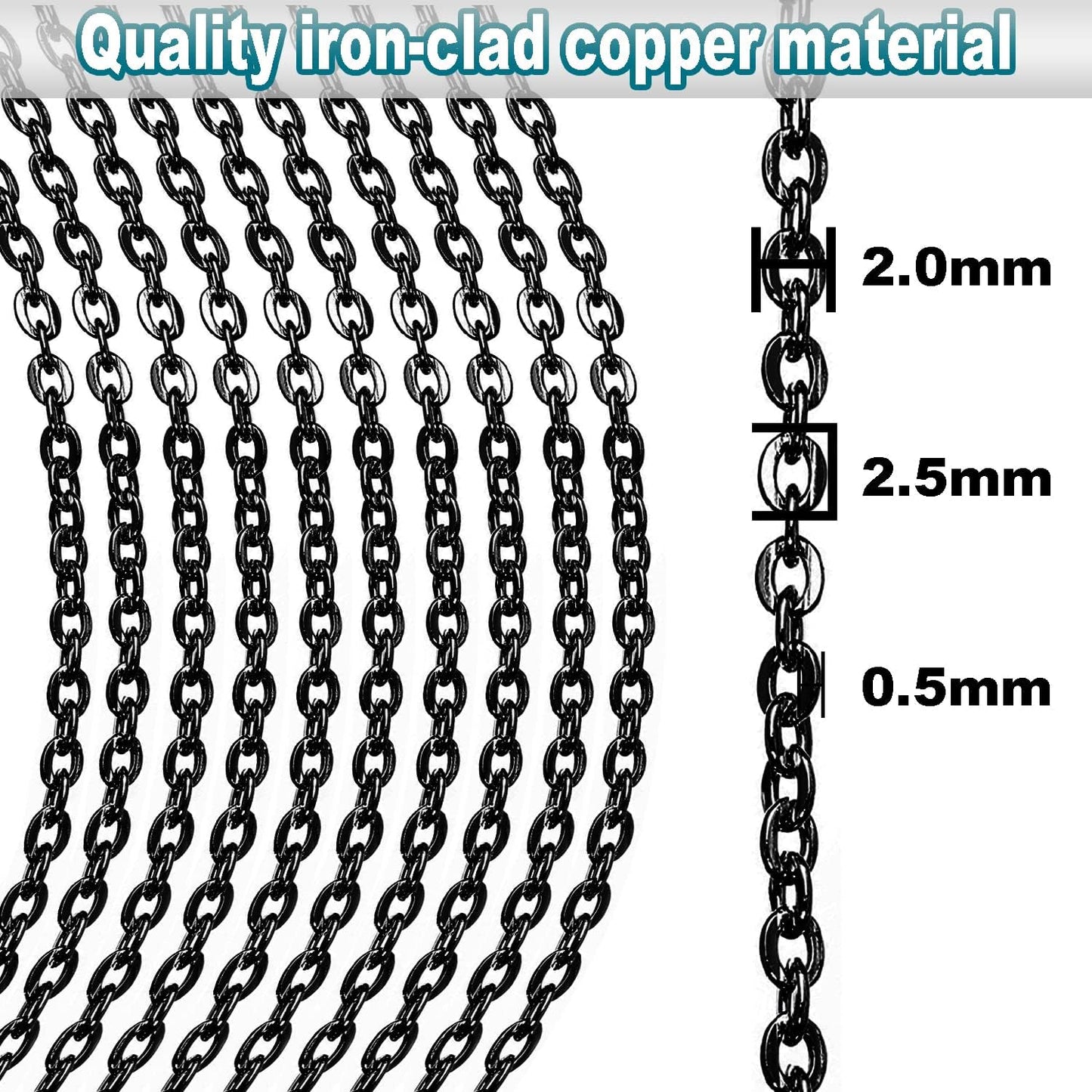 Jishi 33ft Link Cable Chain Roll 2mm, Black Chain for Jewelry Making Necklace Earring Bracelet DIY Craft Jewelry Making Findings Supplies, Black Plated Iron Metal Rolo Necklace Chain Spool Set