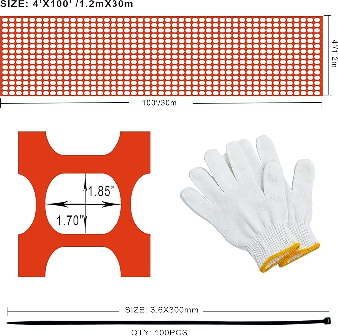 Safety Fence Plastic Mesh Fencing Roll, 4'x100' Feet 1 Roll with 100 Zip Ties, Temporary Reusable Netting for Snow Fence, Garden, Construction and Animal Barrier (Orange LW 15.43 lb/roll)