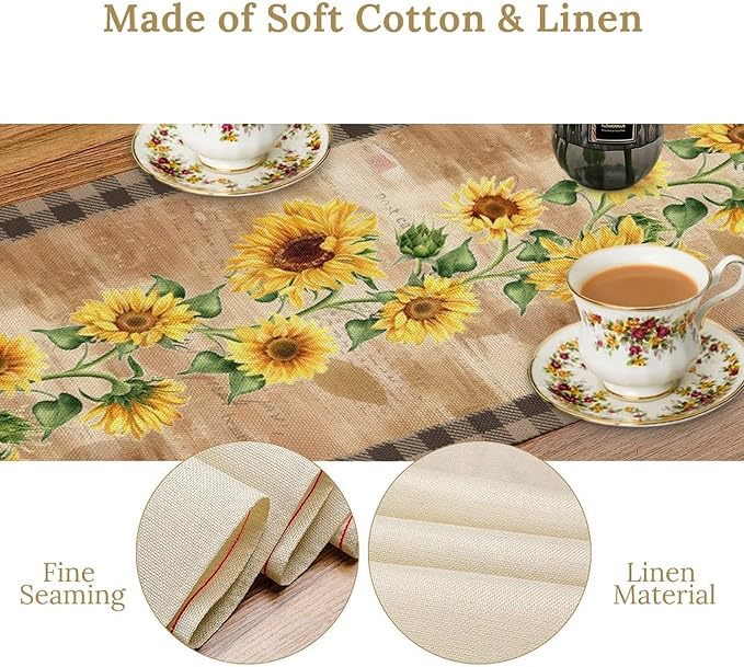 Yellow Sunflower Table Runner, Spring Sunflower Seasonal Country Fall Retro Plant Table Runners for Kitchen Farmhouse Dining Coffee Party 13x60in