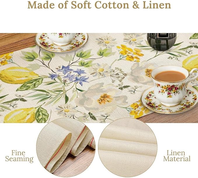 Vintage Lemon Blossom Table Runner Seasonal Spring Summer Floral Farmhouse Dining Table Decoration for Home Holiday Party Dresser Kitchen Cabin Restaurant Wedding Decor 13×36in