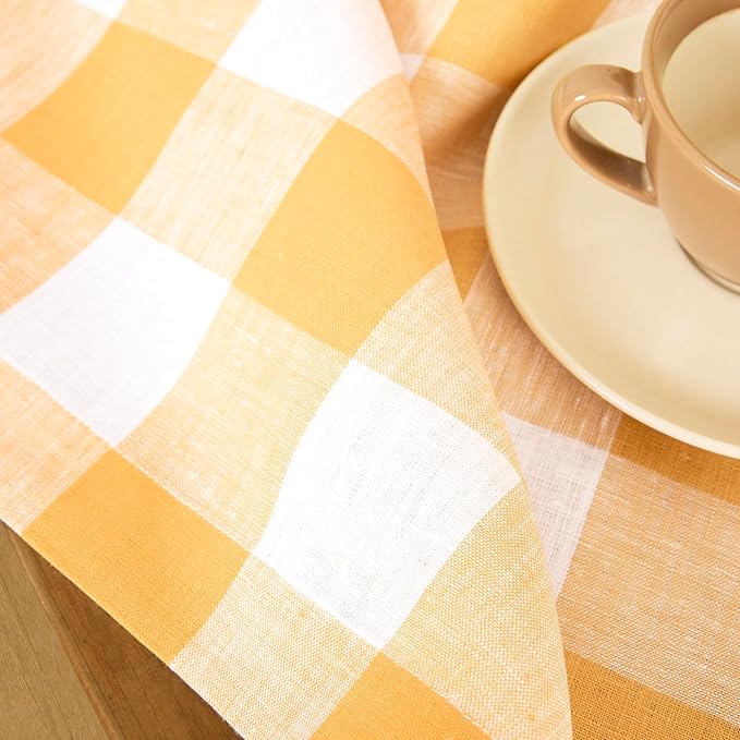 Solino Home Linen Checkered Table Runner 144 Inches Long - 100% Pure Linen Mustard and White Buffalo Check Extra Long Table Runner 14 x 144 Inch Ideal for Dining, Spring, Easter