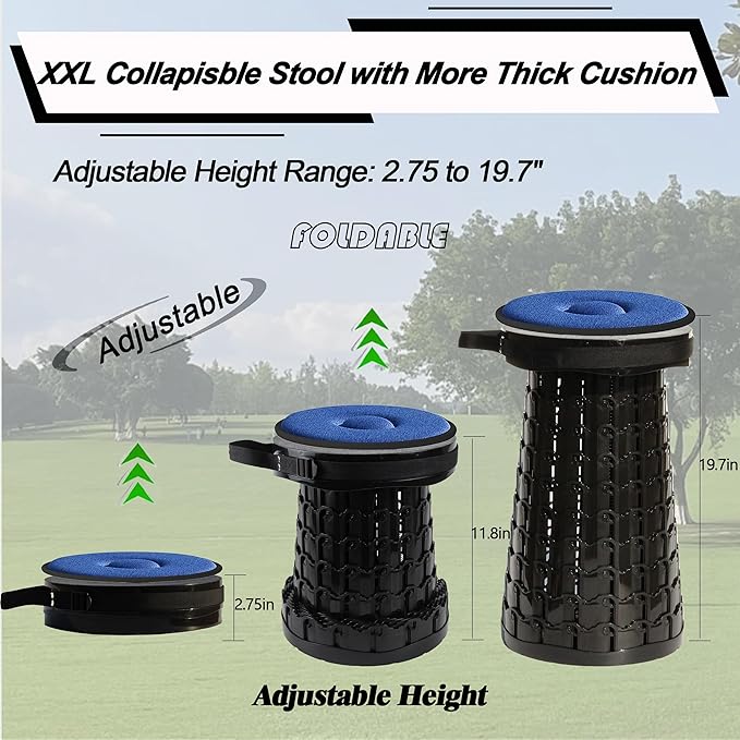 ALEVMOOM Upgraded XXL Collapsilbe Stool with Cushion,More Sturdy and Height 19.7“,D11.8”,Portable and Lightweight Adjustable Telescoping Stool for Camping Hiking BBQ Max Loading 1000Ibs
