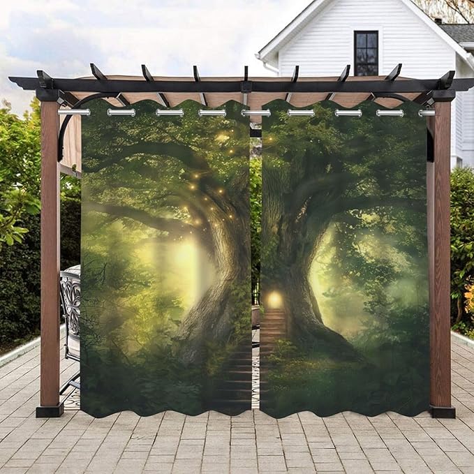 Fantasy Theme Waterproof Outdoor Curtains for Patio,Forest Pattern,Weatherproof Outside Curtain for Cabana, Porch, Pergola and Gazebo,2 Panels,36 x 84 inch,Green