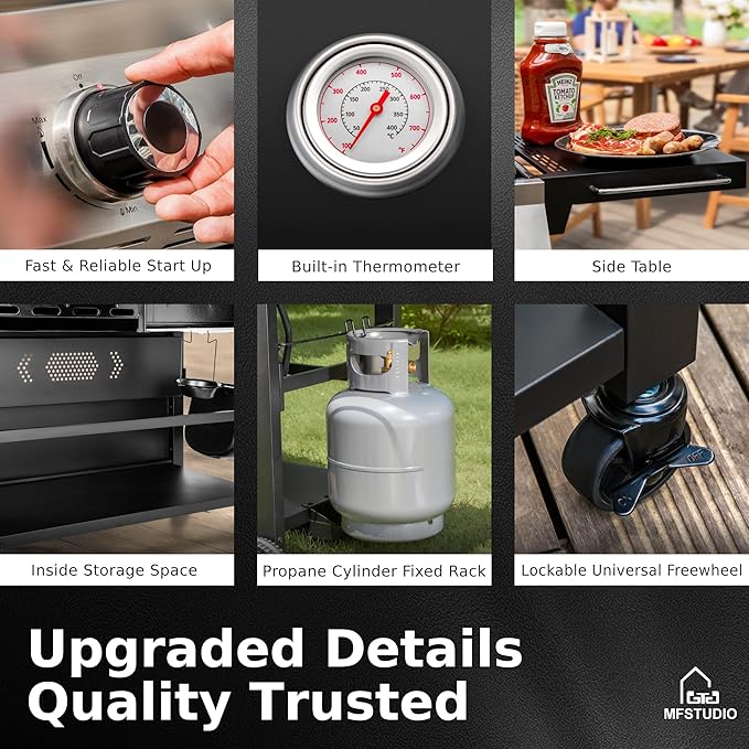 MFSTUDIO 5 Burner Gas Grill Griddle Combo with Porcelain-Enameled Cast Iron Grates,Cutting Board and Double Lids, Duel-Function Propane BBQ Grills with Flat Top Grddle for Outdoor Barbecue Cooking