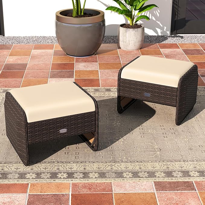 Tangkula 2 Pieces Patio PE Wicker Ottomans with Removable Cushions, Multipurpose Outdoor Furniture for Additional Seating, Footrest and Side Table, Outdoor Footstools for Porch, Backyard (Beige)