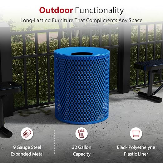 Leisure Craft Heavy-Duty 32 Gallon Receptacle, Portable, Liner Included, Made with Heavy-Gauge Metal and a Durable Thermoplastic Coating, Commercial Outdoor Park Receptacle, Made in The USA