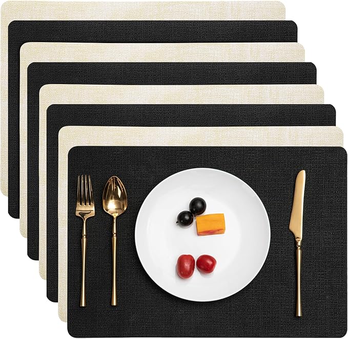 Myir JUN Placemats Set of 8, Dual Sided Faux Leather Placemats Place Mats Set of 8 Indoor for Dining Table Non-Slip Washable Heat Resistant Outdoor Table Mats (Set of 8, Black Cream)