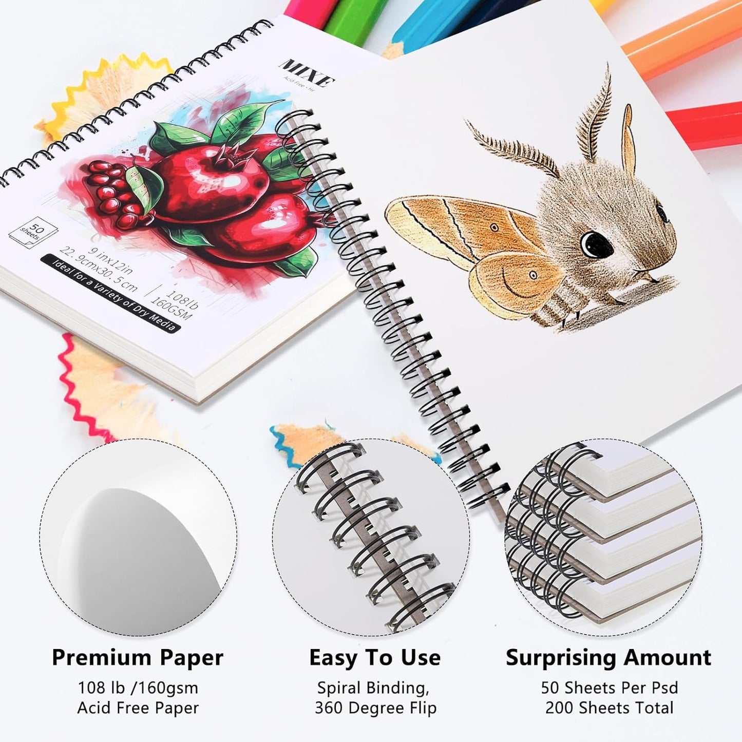 4 Pack Mixed Media Sketchbook, 9x12 inches Drawing Paper Sketch Book, 98lb/160gsm Heavyweight Spiral Bound Sketch Pads, Suitable for Wet and Dry Media, Drawing, Painting, Sketching(200 Sheets)