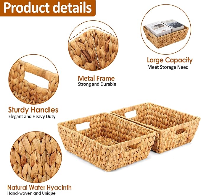 Wicker Baskets 2 Pack, Water Hyacinth Wicker Storage Basket with Handles for Organizing, Handmade Large Baskets, Natural