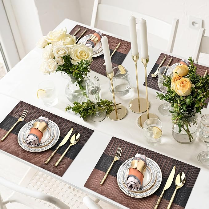 SLKQG Brown Placemats Set of 8 - Easy Clean Modern Durable Washable Vinyl Place Mats - Heat Resistant Placemats for Kitchen Table - PVC Table Mats for Dining Table (Brown Black, 8)