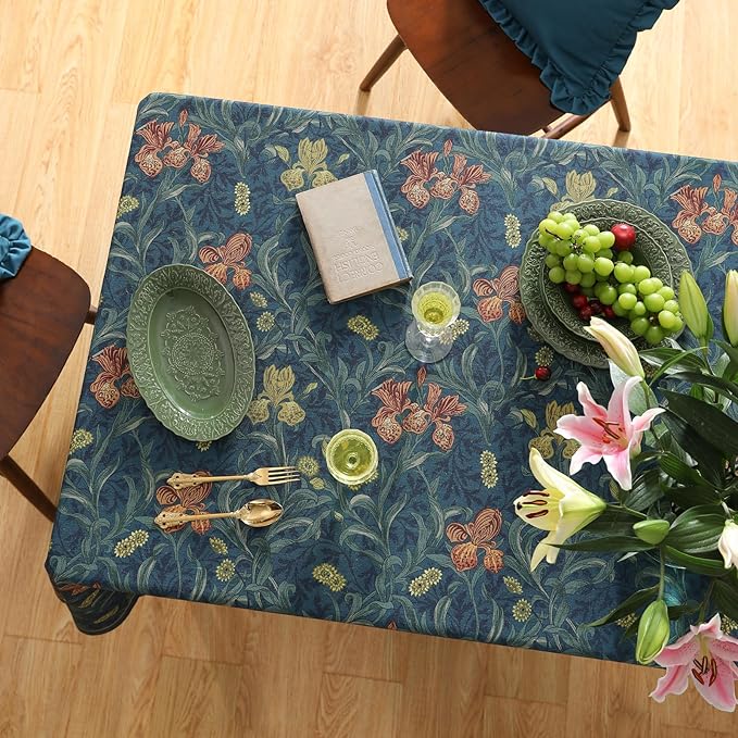 patdrea Designer Vintage Dark Blue Linen Rectangle Tablecloth,French Rustic Floral Pattern Tablecloths,Decorative Table Cover Cloth for Kitchen,Dining,Tea Party,Home,Christmas,63"*94"