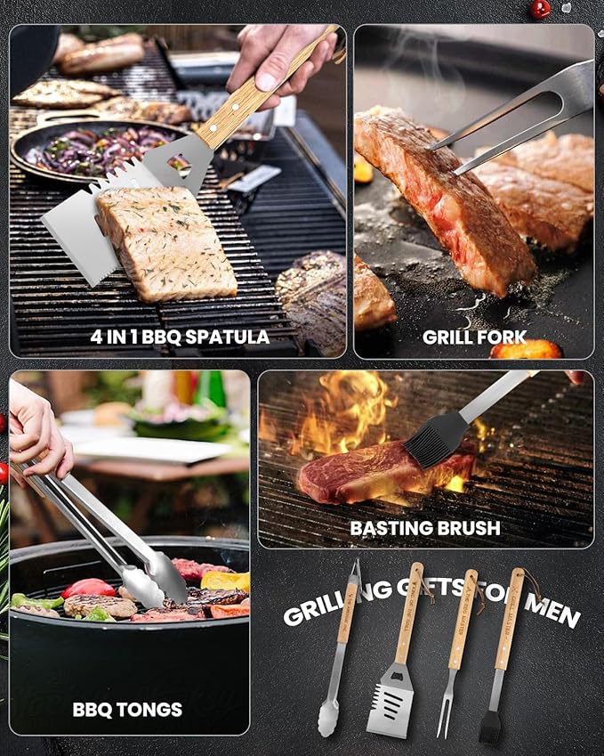 Coralogo 4PCS Grilling Accessories BBQ Tools - Stainless Steel Grill Set with Tongs, Fork, Spatula, Brush, Carrying Bag, Christmas & Birthday Gift for Men, Father, Husband