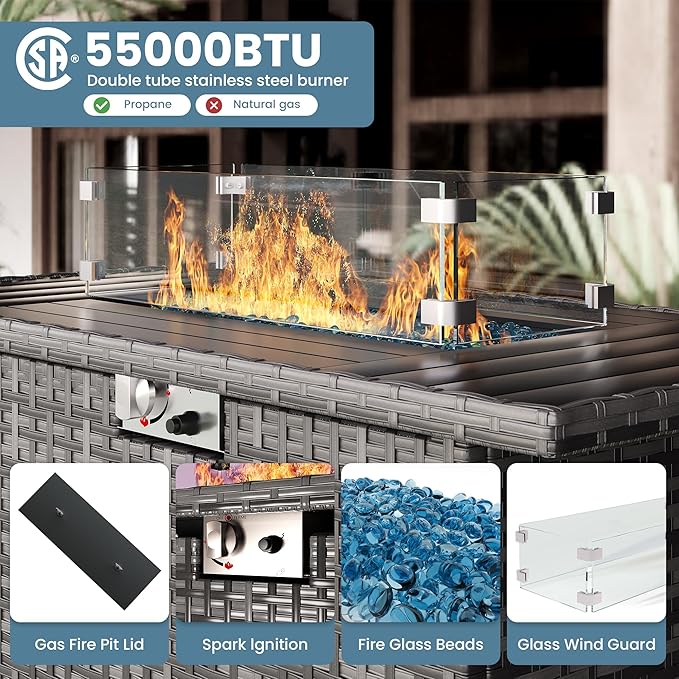 7 Piece Patio Furniture Set with Fire Pit Table, Outdoor Sectional Conversation Sets Wicker Rattan Sectional Sofa with Coffee Table for Patio Garden Backyard, 4'' Thickened Cushion Black